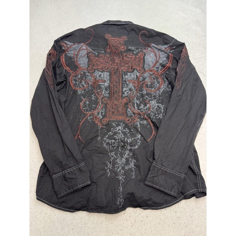 Roar Shirt Mens Large Black Long Sleeve Button Up Embroidered Cross Western